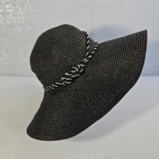 Cruise Club Hat Womens Wide Brimmed Floppy Paper Black & Metallic Silver Beach