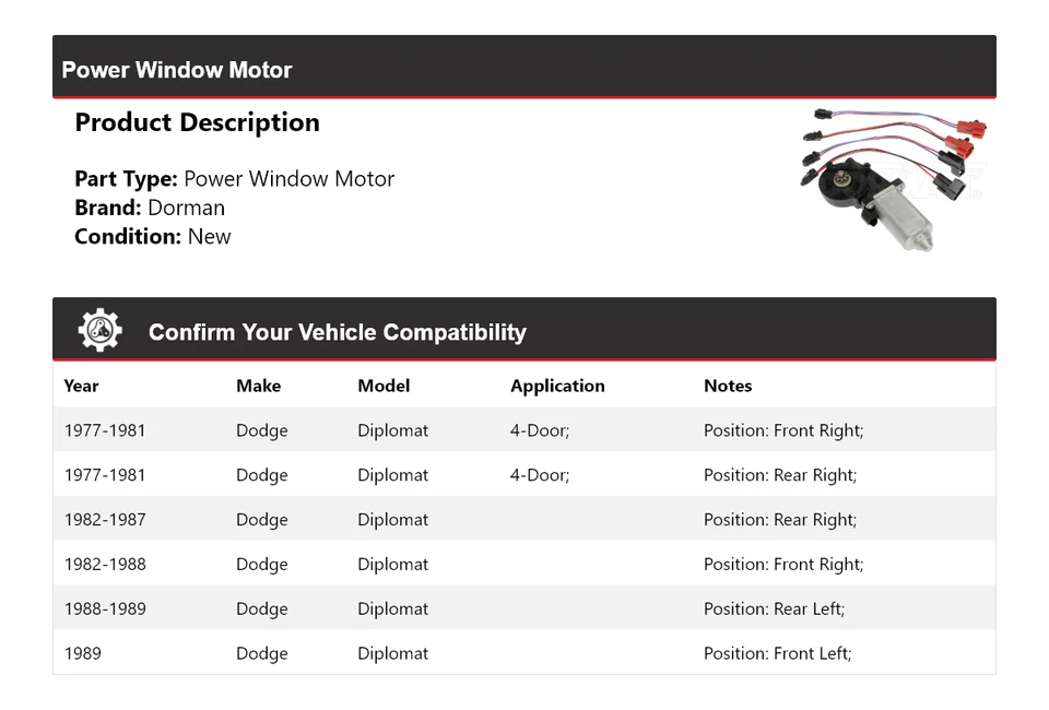 Motor de ventana eléctrica Dodge Diplomat Dorman 1977-1989 1978 1979 1980 1981 1982 Foto 2 de 4
