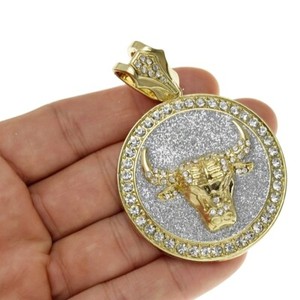 Authentic Bull Head Coin Pendant Iced Simulated CZ 48MM Round Gold Plated Silver Glitter