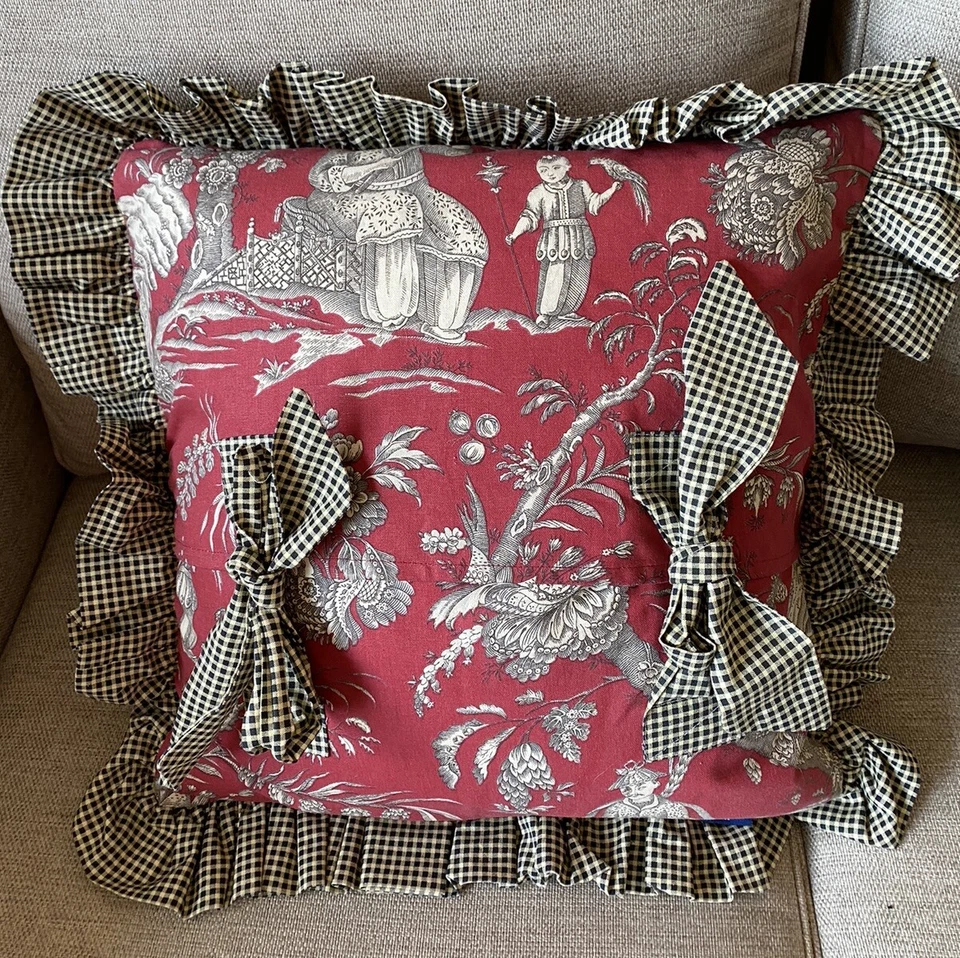 Madison Du Linge Collection Duchatel France, Ruffled,Ties, Oriental Print Pillow - Image 2 of 4