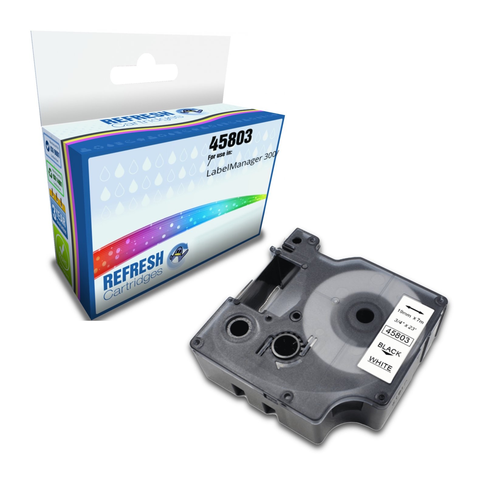 Refresh Cartridges 45803 Black On White 19mmx7m D1 Label Cartridge For Dymo