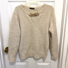 Emery Rose Fuzzy Pullover Sweater  Gold Accents Cream Beige Tan Women Sz Large