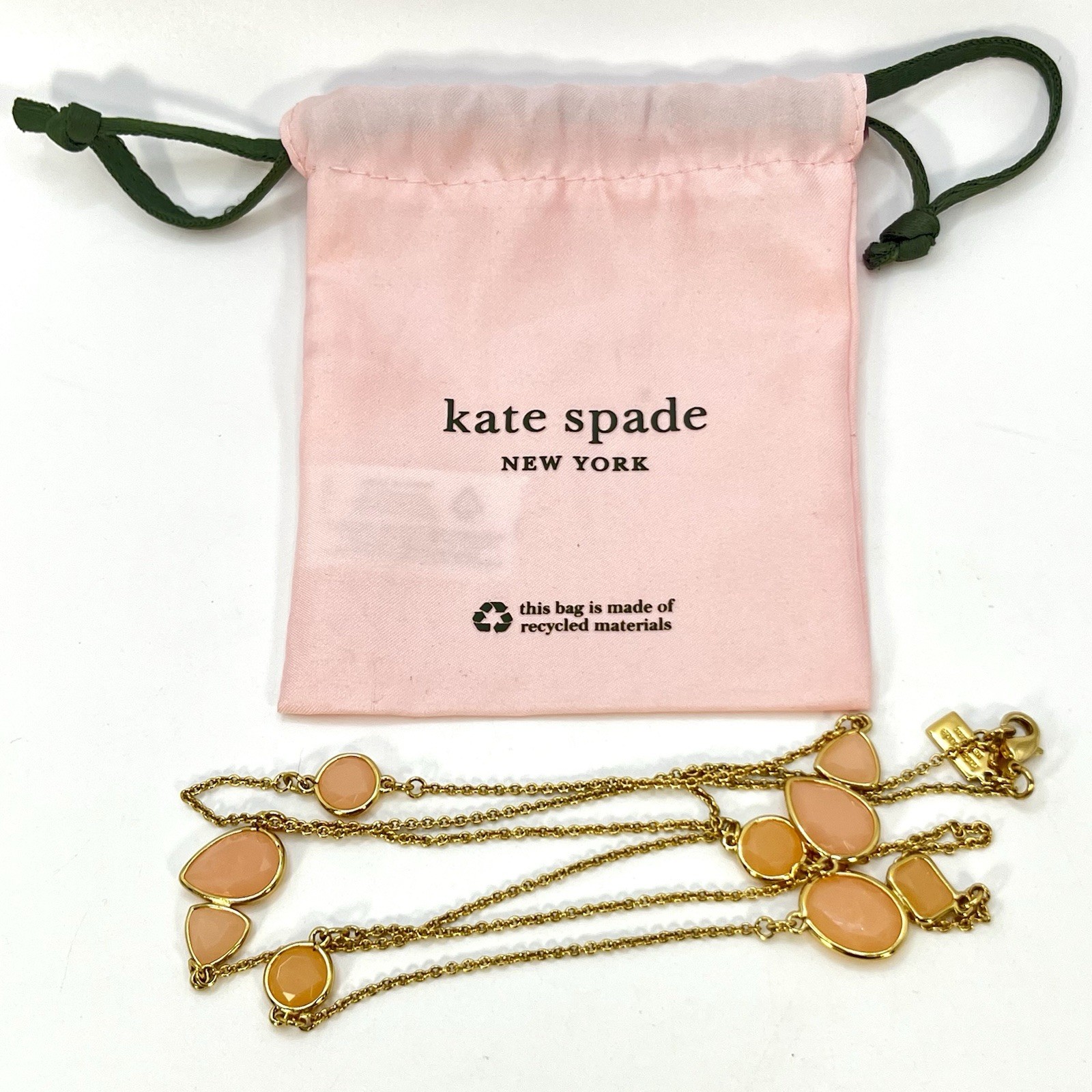 KATE SPADE Peach Bezel Station Necklace Pink Faceted Minimalist 32” Bag Included