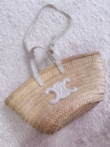 CELINE White Basket Bag Straw Tote Logo Handbag Summer Beach Resort Lightweight