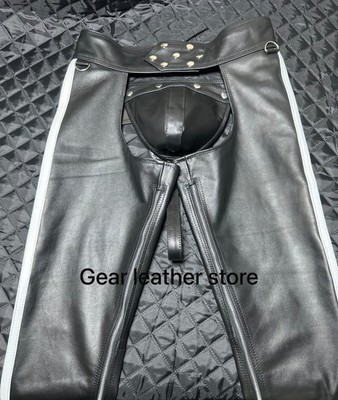 Men's Real Cow Soft Leather Biker Chap With White Strap & Jock Sexy Gay Bluff
