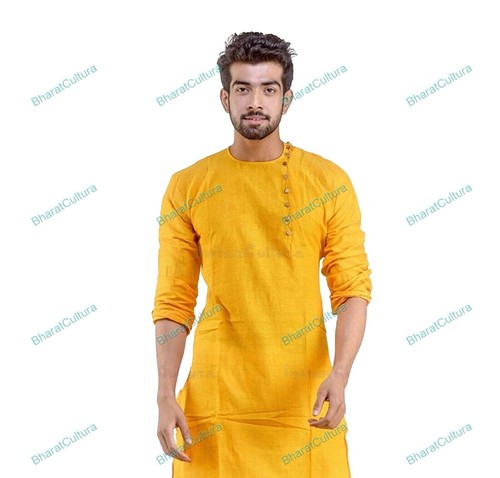 Kurta De Algodón Amarillo Para Hombre Hecho A Mano Tradicional De La Moda India - Imagen 7 de 13
