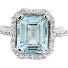 3.60 Carats NATURAL AQUAMARINE and DIAMOND 14K Solid White Gold Ring