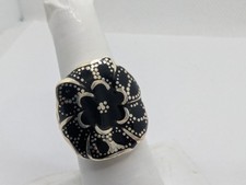 Sterling Silver 925 Black Enamel Flower Statement Ring Size 7.25