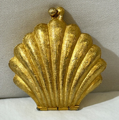 VINTAGE GIVENCHY GOLD TONE CLAM SHELL SOLID PERFUME COMPACT- EMPTY