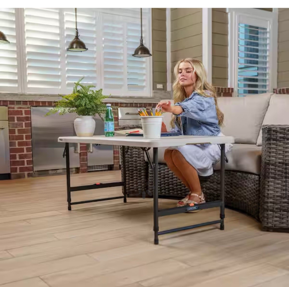 4 Ft. One Hand Adjustable Height Fold-In-Half Resin Table; Almond