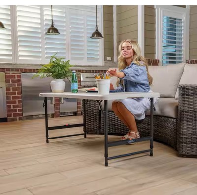 4 Ft. One Hand Adjustable Height Fold-In-Half Resin Table; Almond