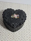 FENTON Handpainted Rose Black Glass Heart Shaped Trinket Jewelry Dish Signed