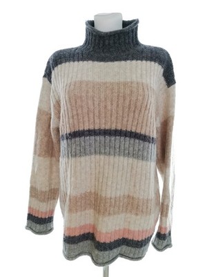 VINTAGE Damen Pullover Gr. M Creme Acryl Grober Strick Langer Ärmel Hoher Kragen