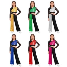 Kids Girls Dancewear Jazz Sets Competitions Outfit Crop Top Color Block Stage