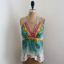Vintage Handkerchief Halter Top Blouse Y2K 90s Size Medium Tie Back 100% Silk