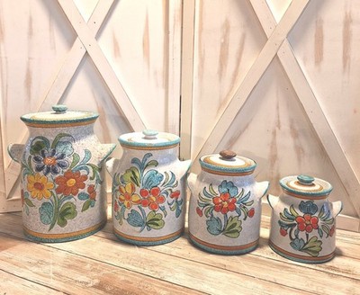  J.W. CO. VTG Pottery/Cannister 4pc Set w/Lids Hand Painted Made In Italy