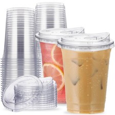 16 oz Clear Plastic Cups with Strawless-Sip-Lids, 25 Sets Disposable Cup Plas...