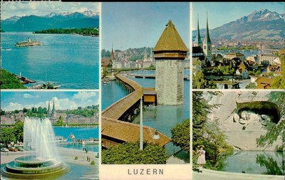 Vintage Luzern Switzerland Postcard Collage Chapel Bridge Lion Monument Mailed