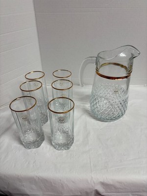 Pasabahce Circle Art of Glass Turkey Set of 6 Gold Rim Glasses & Pitcher