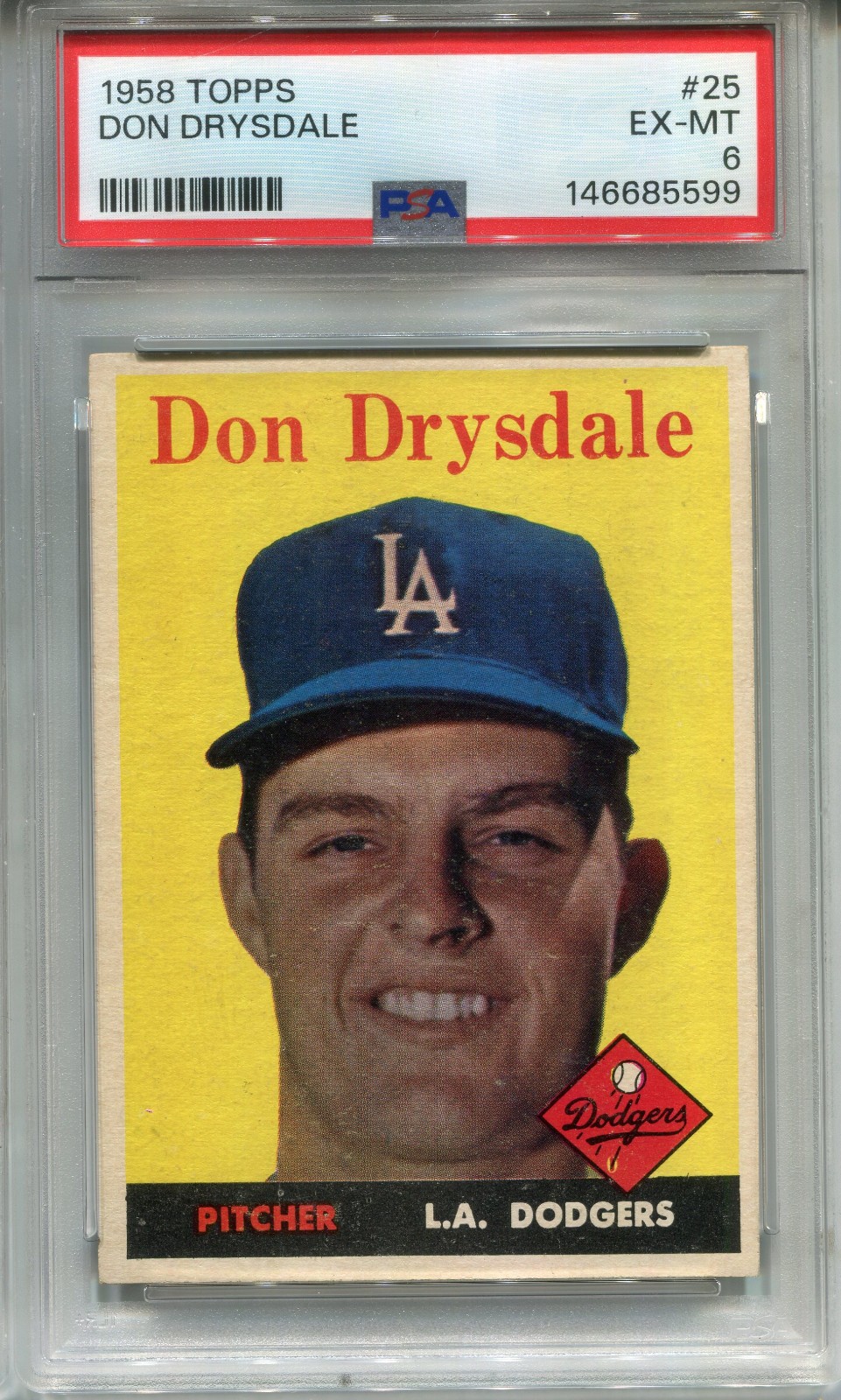 1958 Topps #25 Don Drysdale PSA 6 EX-MT Los Angeles Dodgers