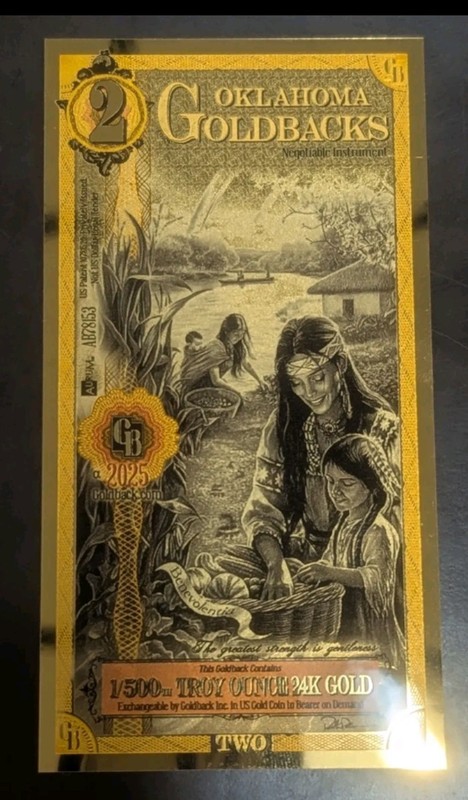 One Oklahoma Two Dollar $2 GoldBack 2025 Alpha 24K GOLD
