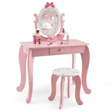 Costway Kid Vanity Table Stool Set With Adjustable Mirror Storage Drawer Makeup