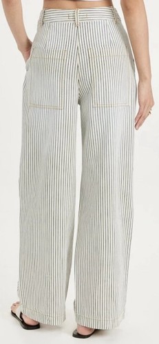 Tibi Stone Washed Striped Denim Sid Jeans Navy Cream Size 28 Pleated Cotton - Picture 2 of 11