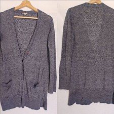 Gap Cardigan Linen Blend V-Neck Button Front Long Line Marled Grey Blue M