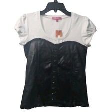 GLO Jeans Corsé Top Blanco Negro Manga Corta Gancho Ojo Cierre Talla M