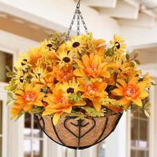 Artificial Fake Fall Hanging Mums Plants Flowers Basket for Outdoor, Faux Mum...