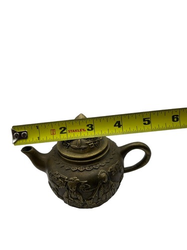 Vintage Solid Brass Small Teapot With Lid Embossed Lettering Design Marked - Picture 9 of 10
