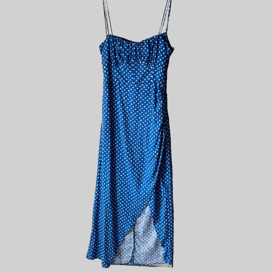 NWT ZARA Polka Dot Linen & Viscose Blend Corset Dress Blue/White