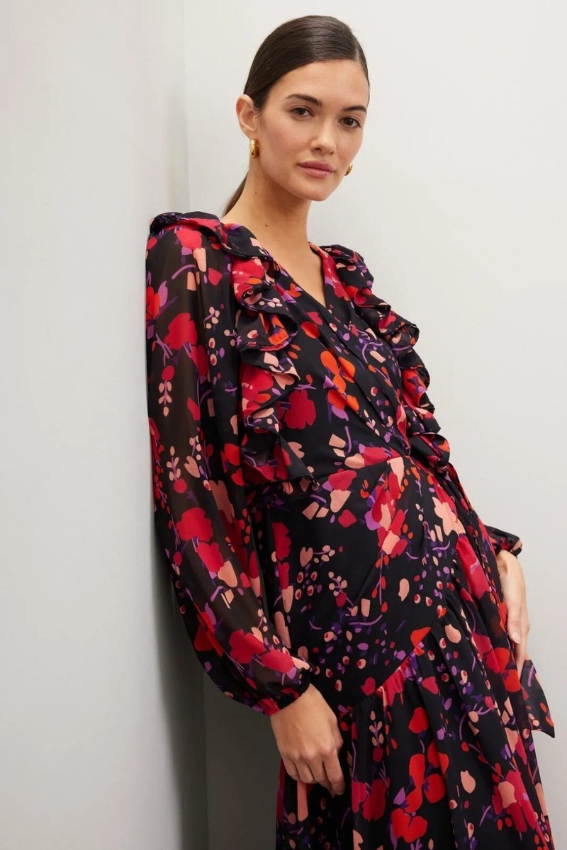 slate and willow ruched floral dress Purple Floral Midi Wrap Dress