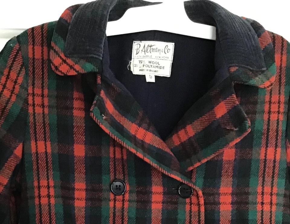 Abrigo de invierno de lana a cuadros vintage B. Altman niñas 5 hecho en Inglaterra años 50 o 60 Foto 3 de 4