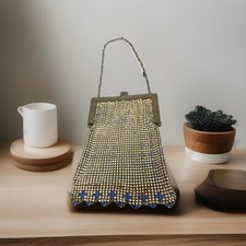 Antique Mesh Link Evening Purse Handbag with Blue Cross Accents Vintage