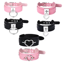 Womens Gothic Heart Padlock O-Ring Wide Leather Collar Necklace Punk Rock Choker