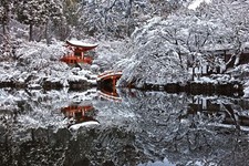 Landscape japan winter pagoda snow water pond reflection Custom Gaming Mat Desk