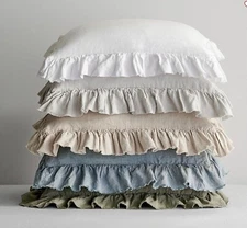 Pair Pottery Barn Belgian Flax Linen Fringe Ruffle Pillow Shams Euro White