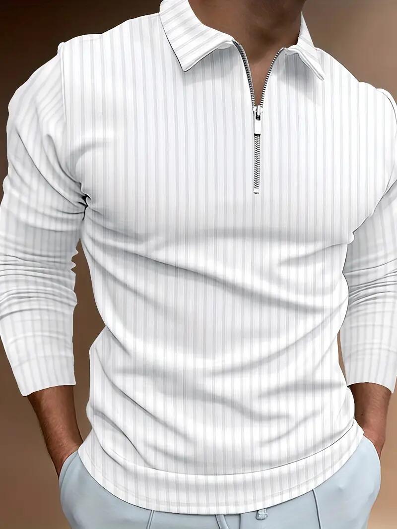 専用3 White Polo Shirt Men Zipper Collar Long Sleeve Stripe Golf Zip