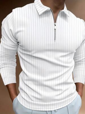White Polo Shirt Men Zipper Collar Long Sleeve Stripe Golf Zip Sport Classic Fit