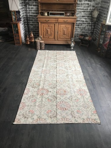 Soft Runner Rug , Handmade Turkish Rug , Neutral Oushak Rug , Faded Runner Rug ,