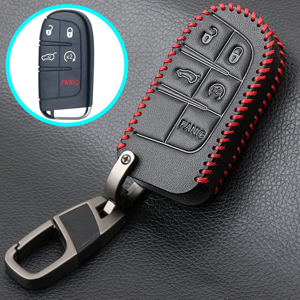Leather Car Key Cover Case With Keychain – Fits Jeep, Dodge, Chrysler & Fiat