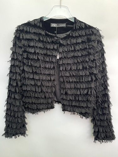 Zara Black Velvet Tulle Textured Short Jacket Size Large Ref 4387 324 - Picture 3 of 6