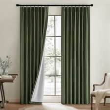 100 Blackout Linen Curtains,84-Inch Length with Pin Hooks,2 Panels, Olive Green