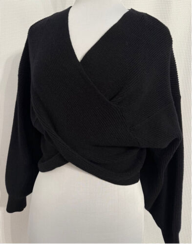BTFBM Boho Off Shoulder Crossover Wrap Knit Balloon Sleeve Cropped Sweater M - Picture 2 of 12