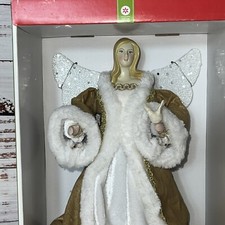 New Angel Tree Topper Holding Bird 12” Tall Gold And White Dress