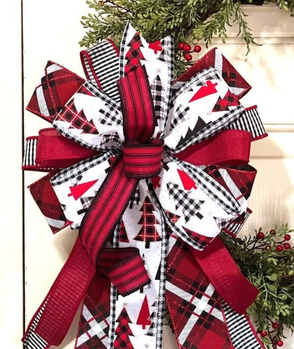 10 " BUFFALO CHECK PLAID TREES, WIRED BOW for DOOR WREATH SWAG MAIL # 161 rb - Image 3 of 4