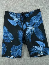 Old Navy California Mens 30 Black Swim Board Shorts Hawaiian Blue Palm Floral