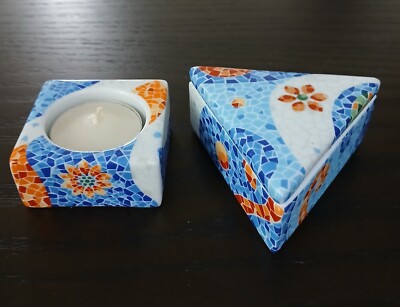 Gaudi Barcelona Porcelain Jewelry Box & Votive Set Modernist Spanish Art Style