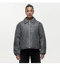 Good For Nothing Grey Vegan Leather Puffer Jacket Cropped Xs Bnwt